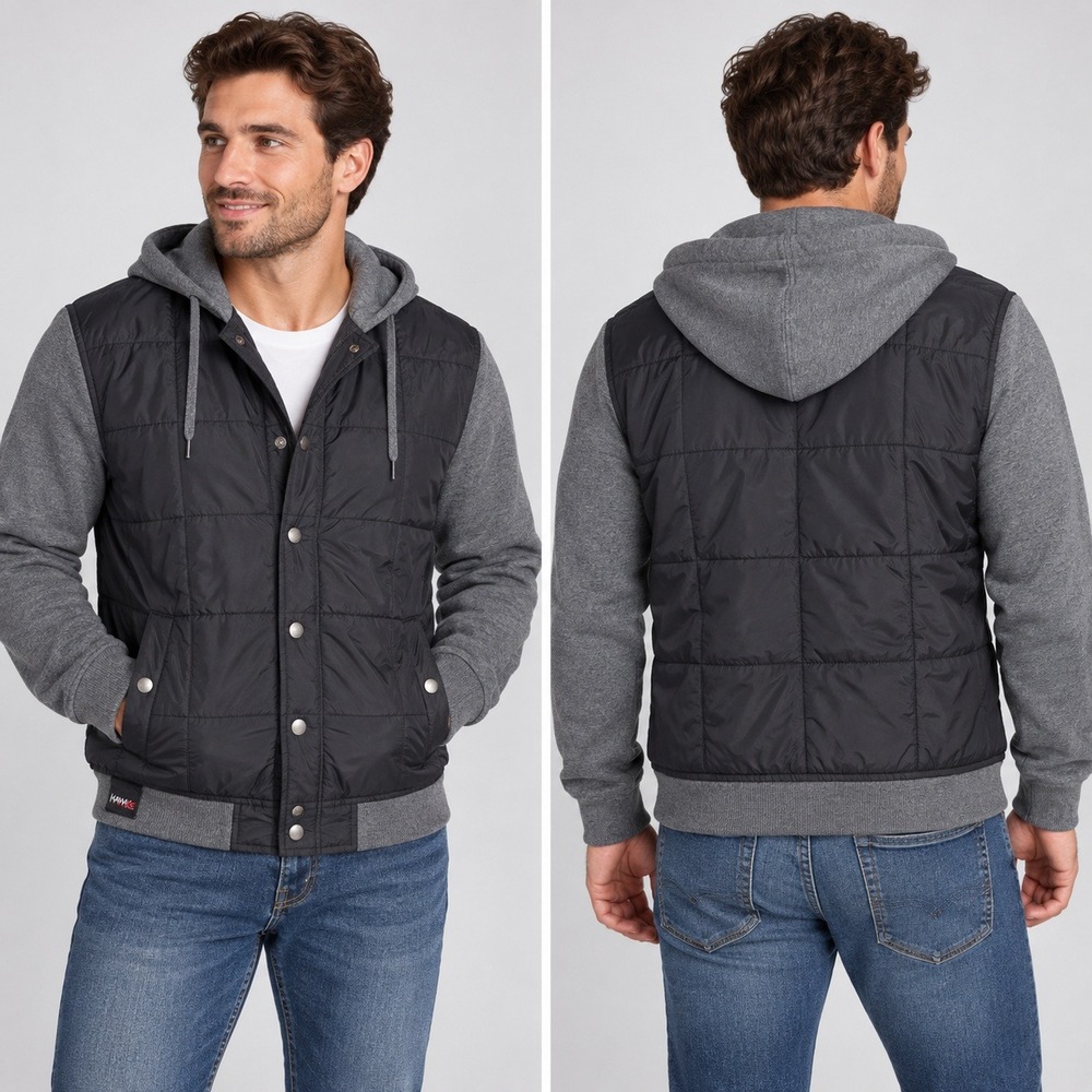 Tony Hawk Jacket Quilted Puffer Mixed Media Hooded Skater Gray Black Medium